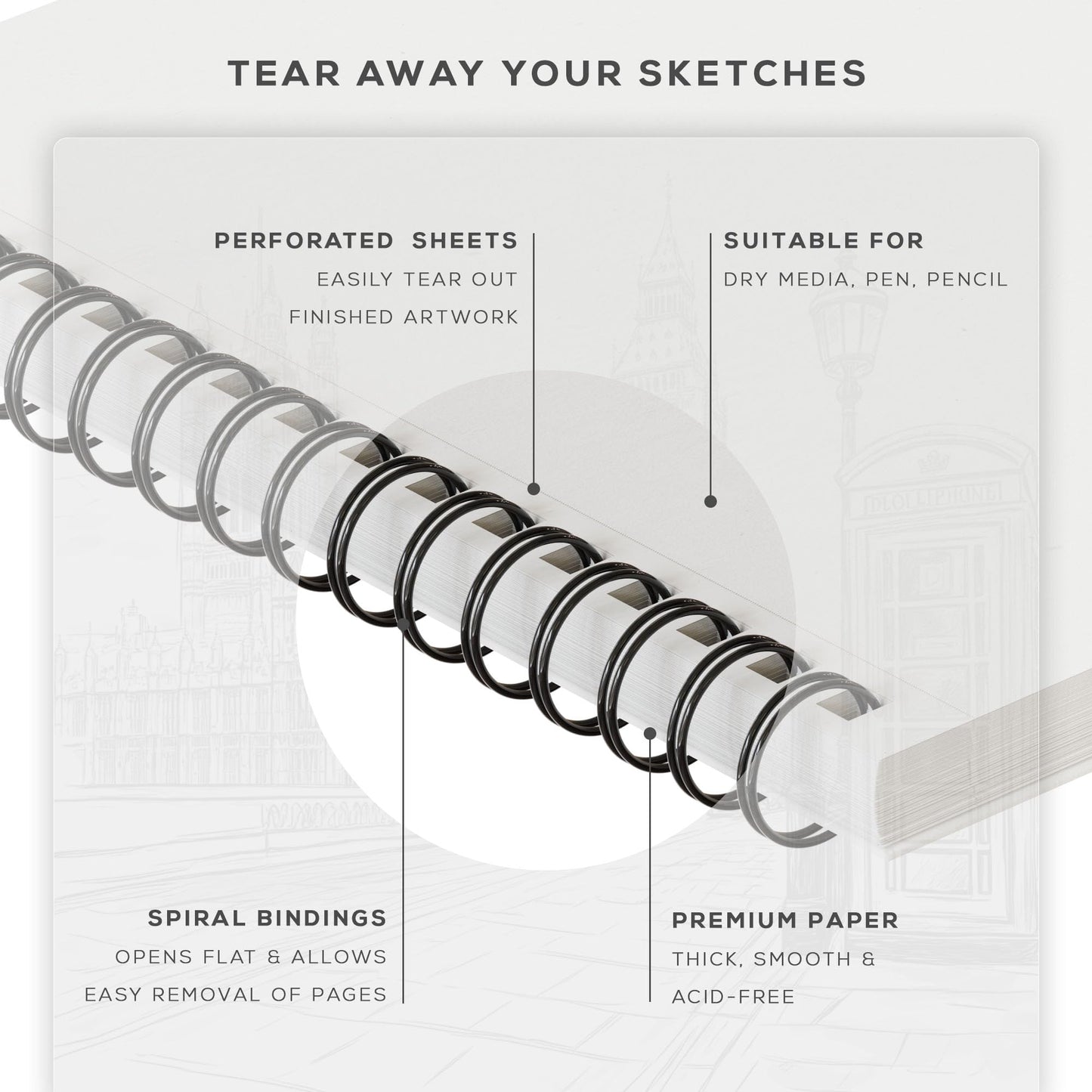 BEECHMORE BOOKS 9"x12" Spiral Bound Sketchbook - 100 Perforated Sheets 140 GSM (95lb) Acid-Free White Paper, Premium Professional Artist Sketch Pad, Art Supplies for Adults Students Drawing Notebook