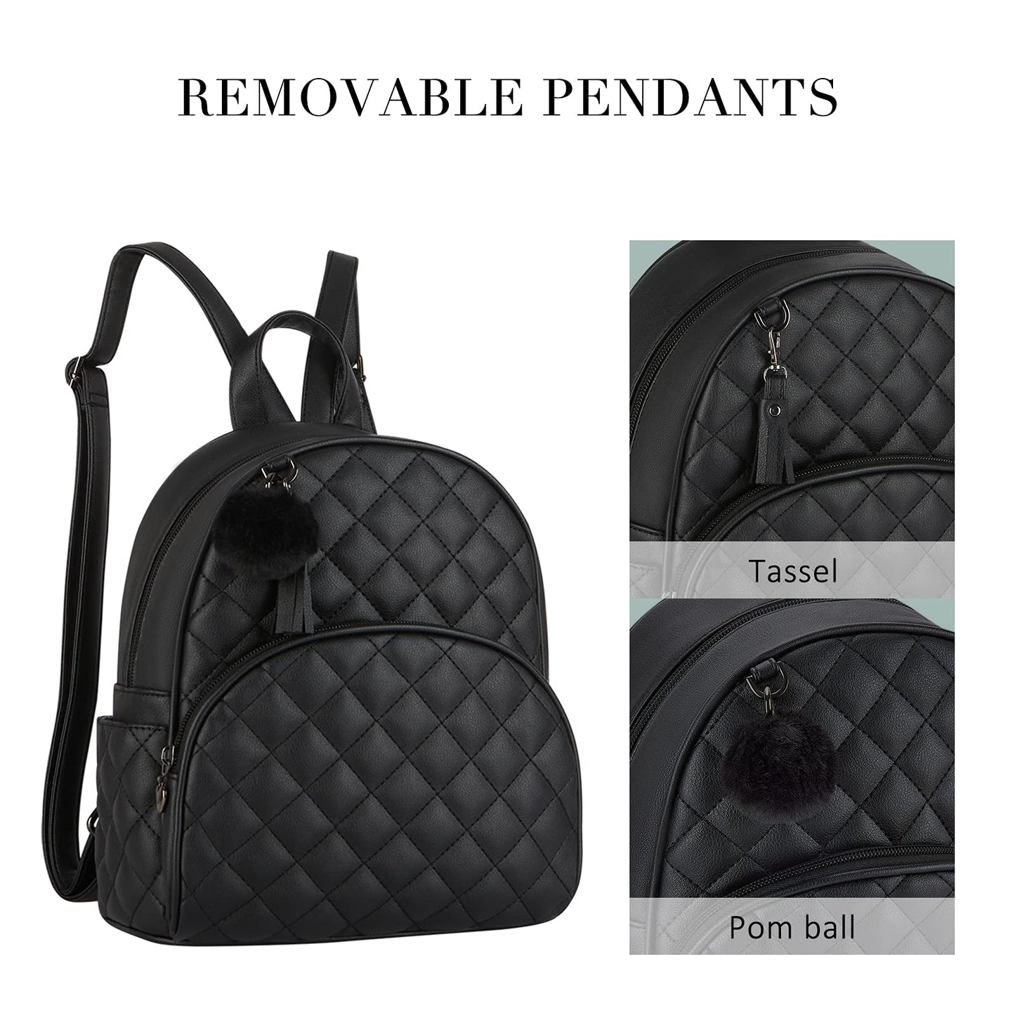 ECOSUSI Mini Backpack for Women Leather Small Backpack Purse for Ladies Cute Pom Bookbag Travel Shoulder Bag with Charm Tassel Black