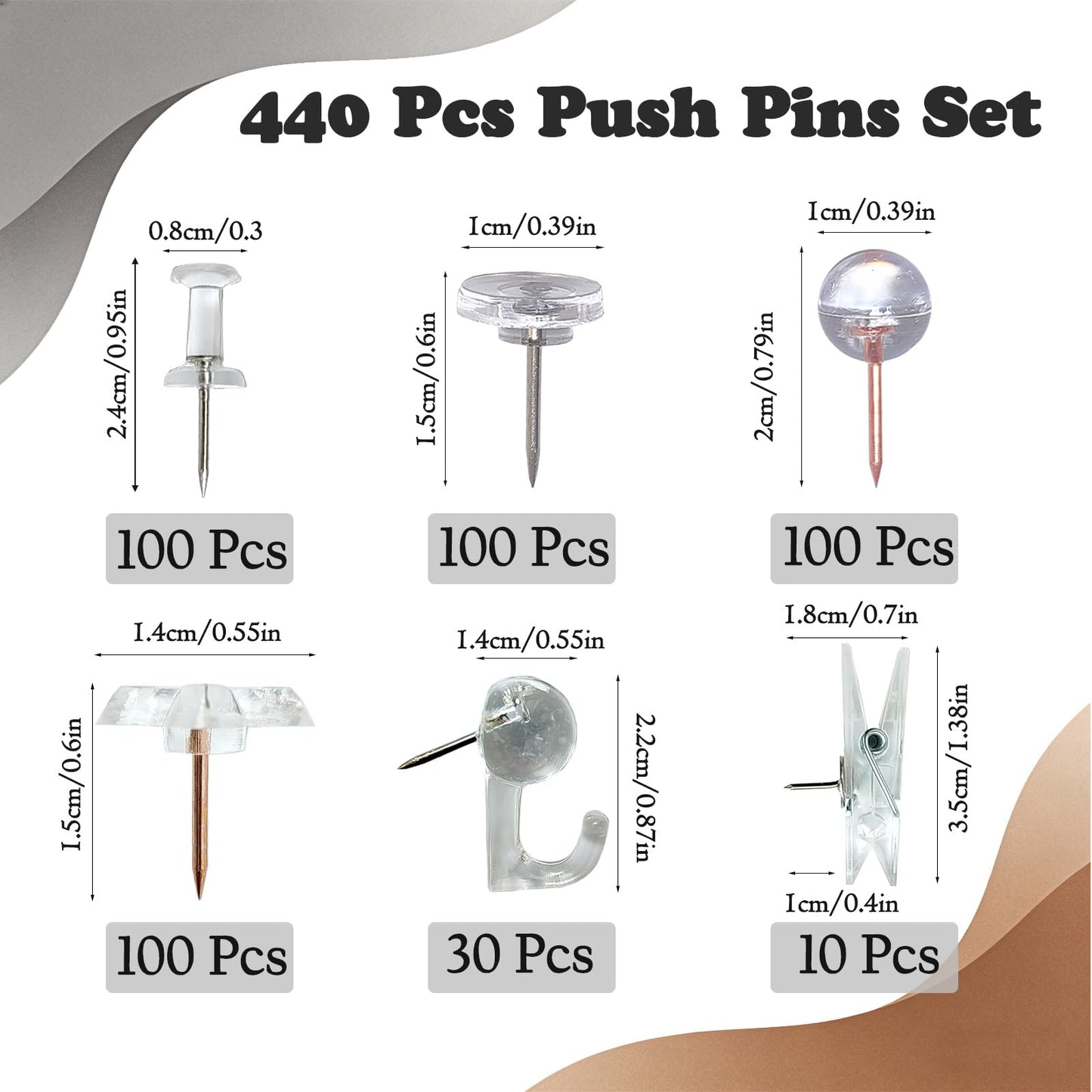 Clear Push Pins with Set, 440 Pcs Transparent Plastic Thumbtacks,Decorative Push Pins,Thumb Tacks Use for Cork Board,Bulletin Board,Craft Projects, Maps,Home, Office ﻿