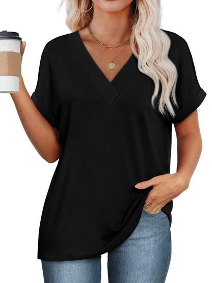 WIHOLL Womens Tops Short Sleeve Shirts Summer Outfits 2025 Fashion Trendy V Neck Dressy Casual Clothes Black S