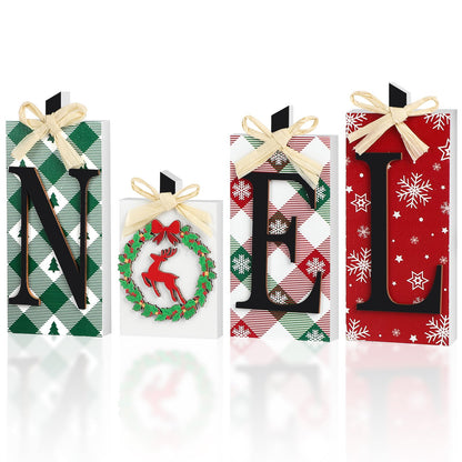 Christmas Wooden Noel Decorations,4Pcs Rustic Christmas Table Sign Decor,Letter Freestanding Xmas Centerpiece Table Tiered Tray Sign for Indoor Party New Year Winter Holiday Home Fireplace