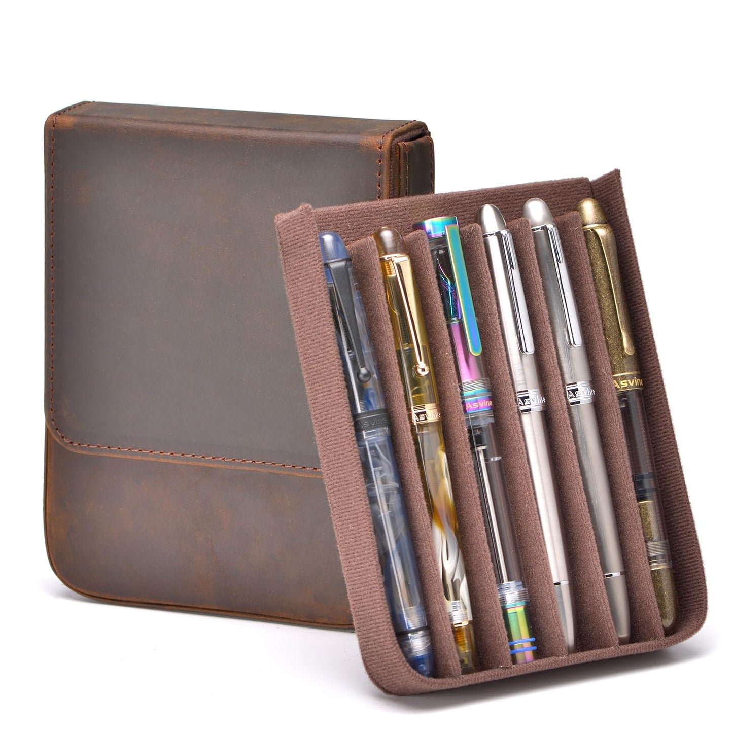 Lanxivi Genuine Leather Fountain Pen Case 6 Slot Crazy Leather Organizer, Portable Pen Bag Pouch Drawer Style