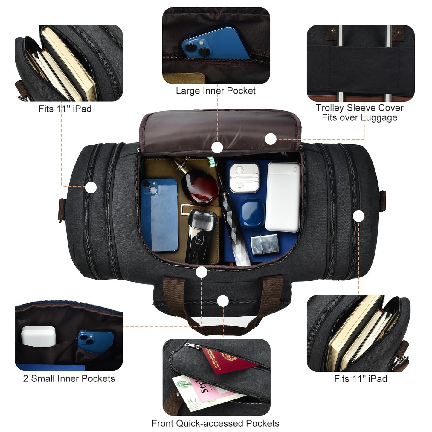 Litvyak Duffle Bag for Travel, 50L Canvas Travel Duffel Bags Overnight Weekend Gym Carry On Luggage Bag for Men & Women(Black)