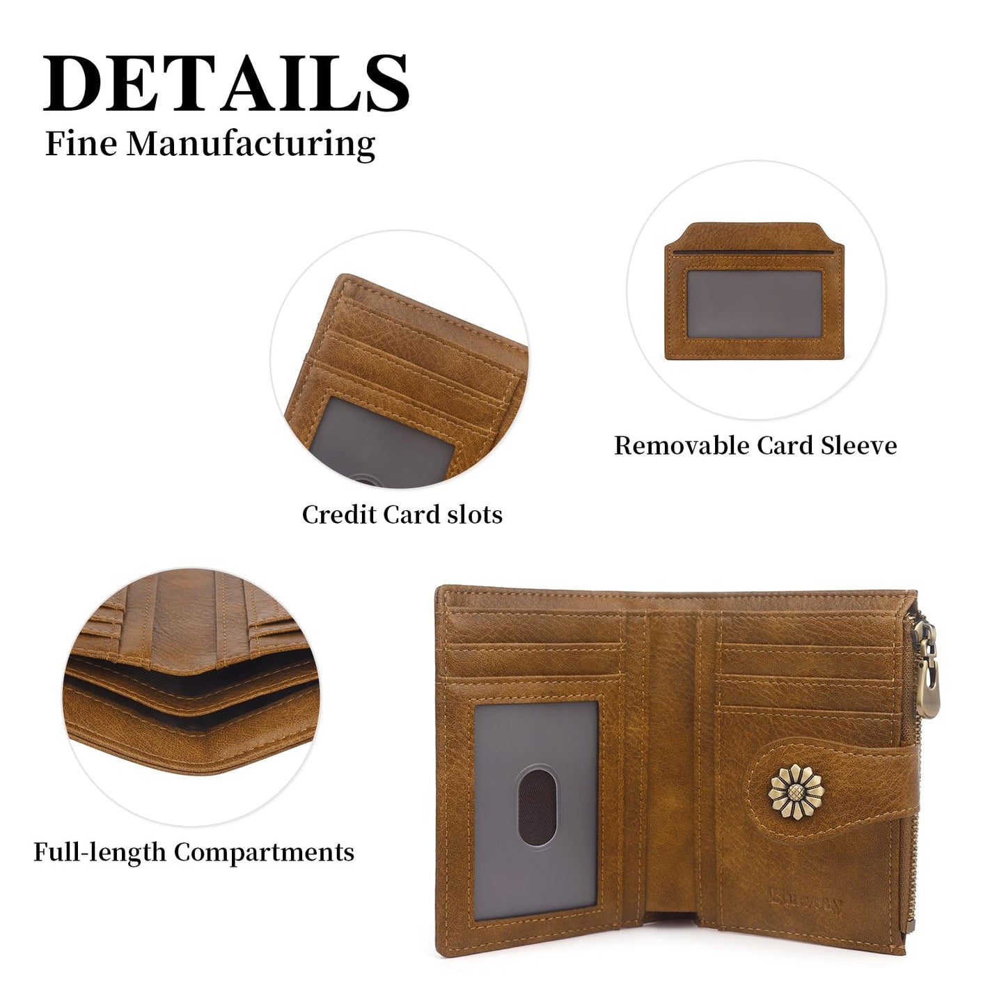Blucoay Wallet Women,RFID Blocking Womens Wallet,Microfiber Leather Compact Bifold Card Holder Wallet With Removable ID Window(brown)
