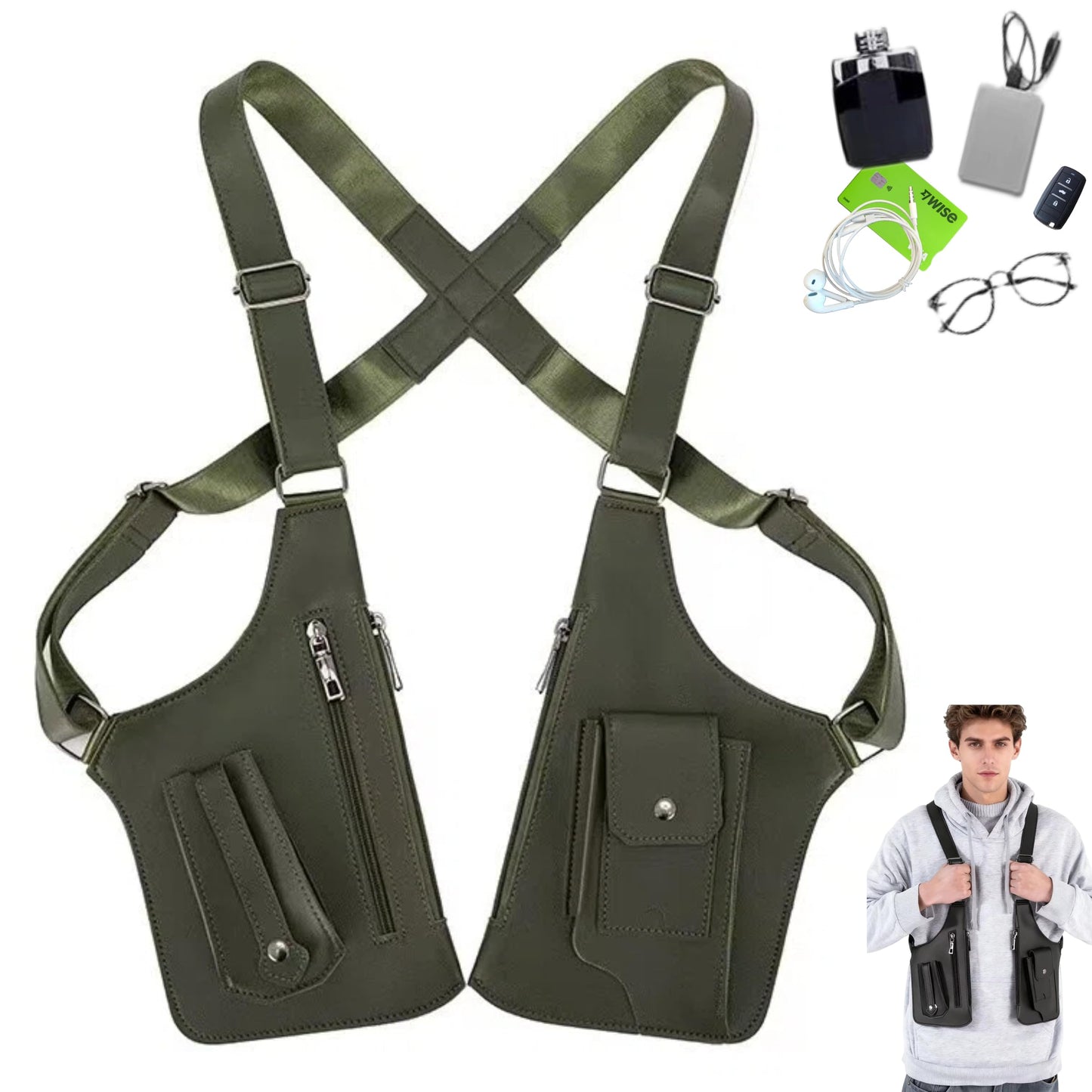 Tactical Double Shoulder Armpit Bag,Anti-Pickpocket Hidden Strap Wallet,Adjustable Leather Armor Crossbody Pack Multi-Pocket (Army Green)
