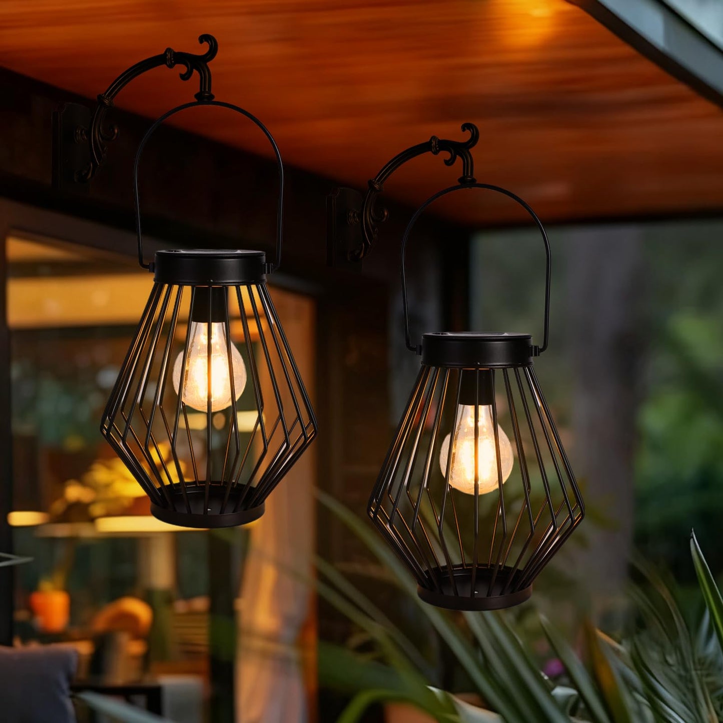 Solar Lanterns Outdoor Waterproof, 2 Pack Metal Decorative Hanging Lantern Lights with Warm White LED Bulb, Solar Powered Patio, Yard & Garden Decor, Ideal for Housewarming & Christmas Gifts