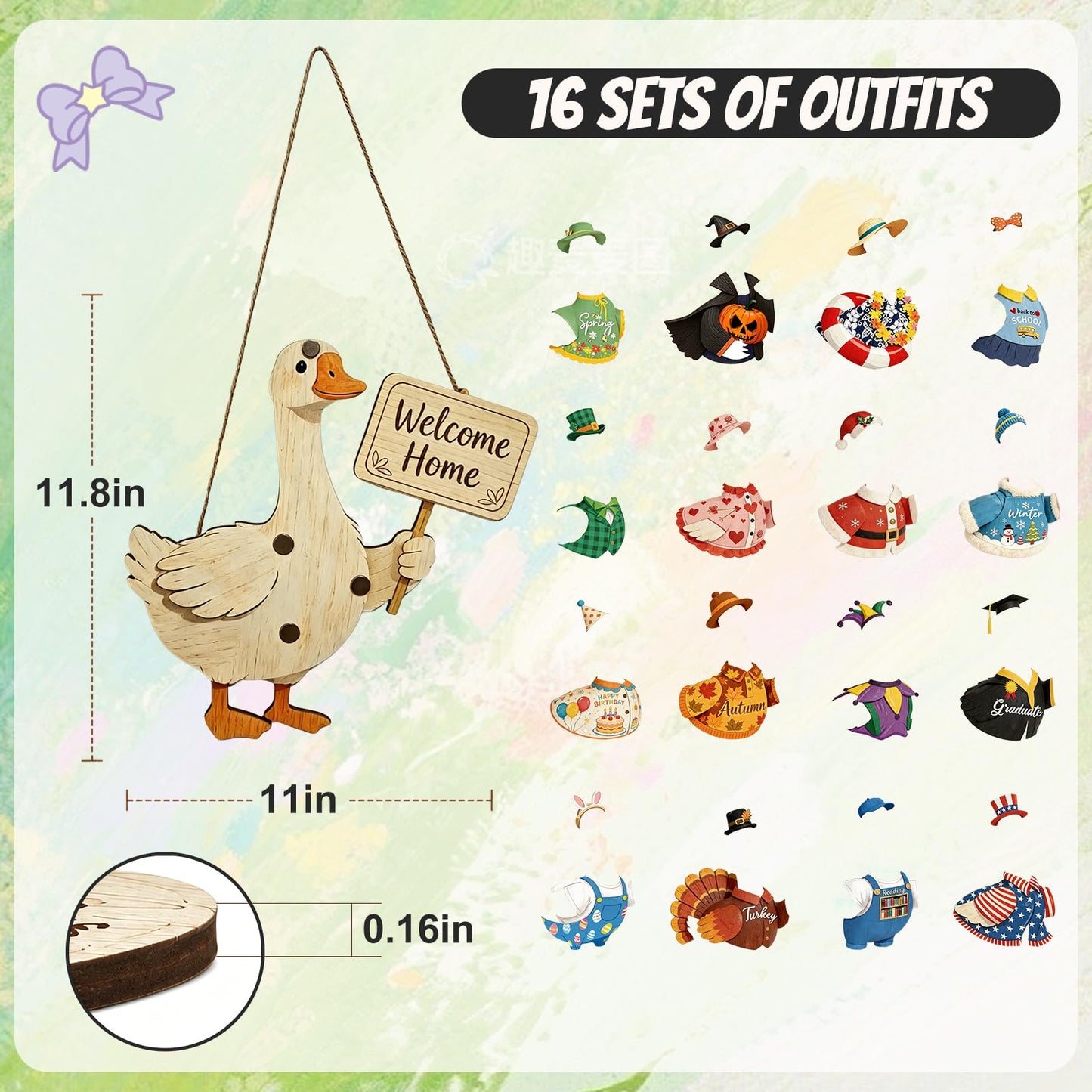 16PCS Interchangeable Wooden Goose Decor, 11.8 Inch Holiday Seasonal Welcome Changeable Clothes with Magnetic Geese Signs Rustic Farmhouse Hanging Decorations for Porch Home Outdoor Holiday Vacation