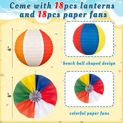 36Pcs Summer Beach Party Decorations Paper Lanterns Paper Fans - Luau Pool Hawaiian Tropical Themed Hanging Decor for Home Birthday Outdoor Indoor