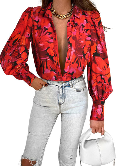 Zeagoo Womens Shirts Button Down Printed Lantern Long Sleeve Blouse Fashion Casual Tops 2025