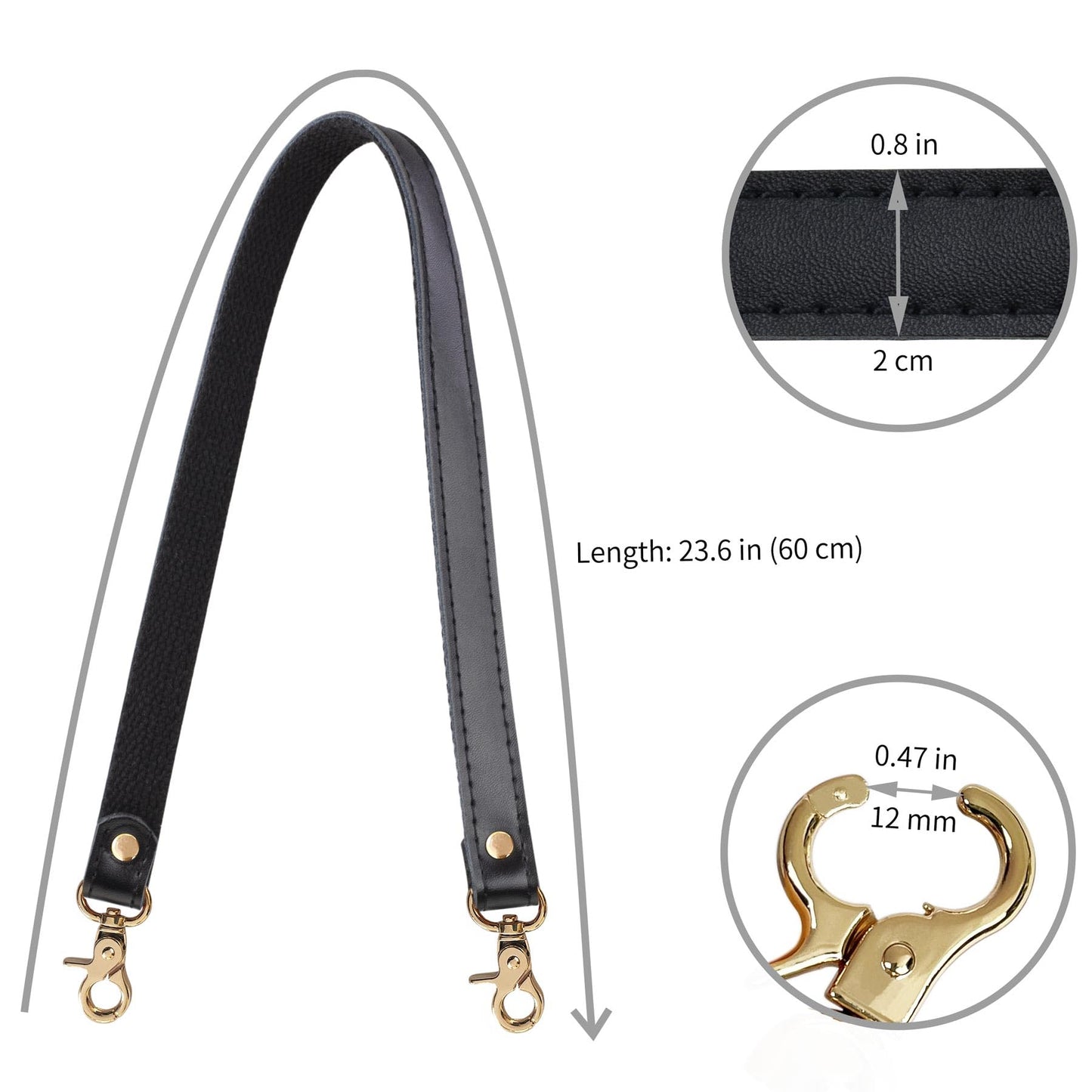 Allzedream Genuine Leather Purse Strap Sewing Canvas Replacement Handbag Shoulder Bag 2 Pcs (Black, Gold Hardware)