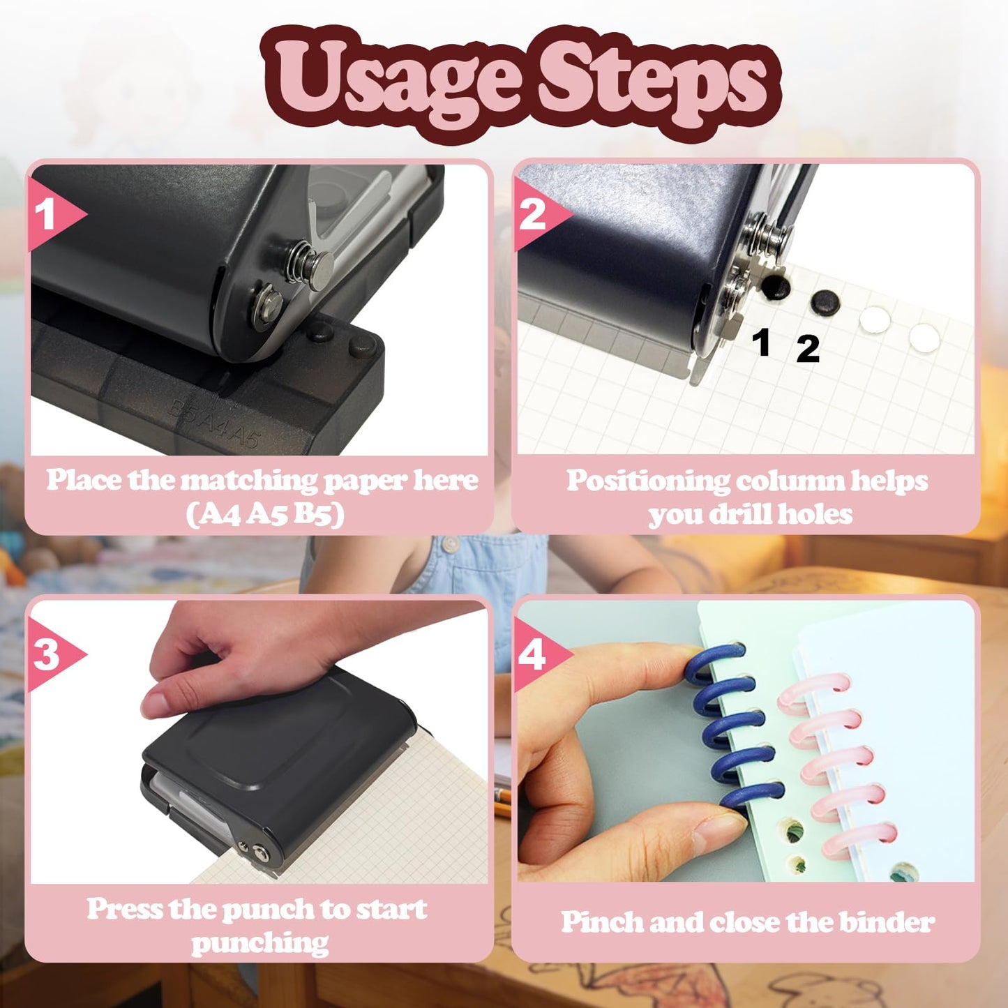 10 Hole Punch Binding Machine for Planners, Manual Paper Puncher for DIY Loose Leaf Notebooks, Includes 18 Colorful Binder Rings, Perfect for A4/A5/B5 DIY Scrapbooking, Black