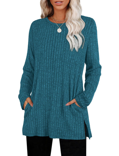 SAMPEEL Womens Sweaters Crewneck Long Sleeve Shirts with Pockets Fall Outfits 2025 Fashion Winter Clothing Side Slit