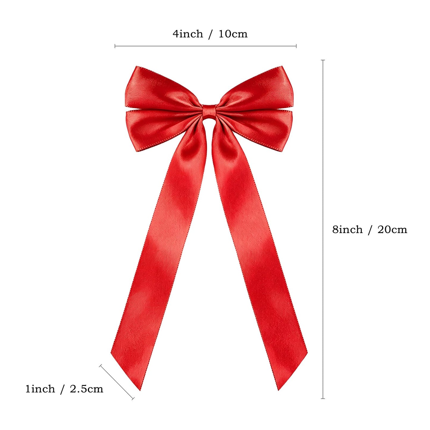 50Pcs Red Satin Bows for Christmas Tree, 4 x 8 inch Xmas Ornaments with Pre-Made Twist Ties & Self-Adhesive, for Tree Cabinet Front Door Wreath Holiday Home Decor