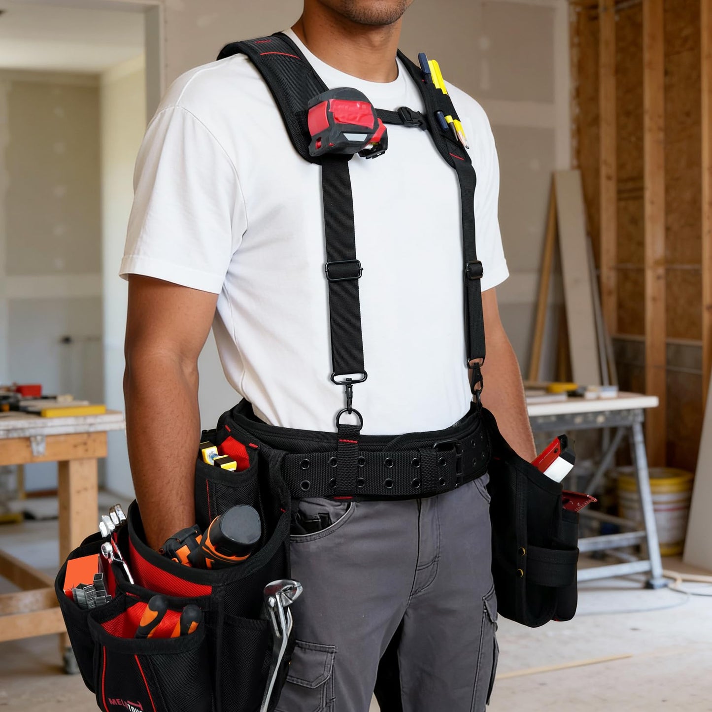 MELOTOUGH Tool Belt with Suspenders Electrician Tool Bag Suspenders Framers Combo Apron Tool Belt Construction Tool Pouch Suspenders Heavy Duty Carpenter Suspension Rig(RED)