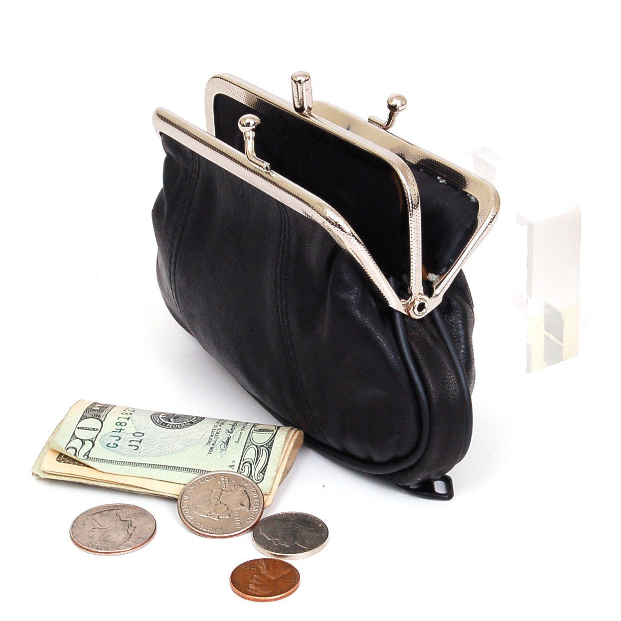 Womens Leather Mini Wallet ID Credit Cards Cash Coin Holder Case Organizer Puse with Framed & Zipper Closures - Black