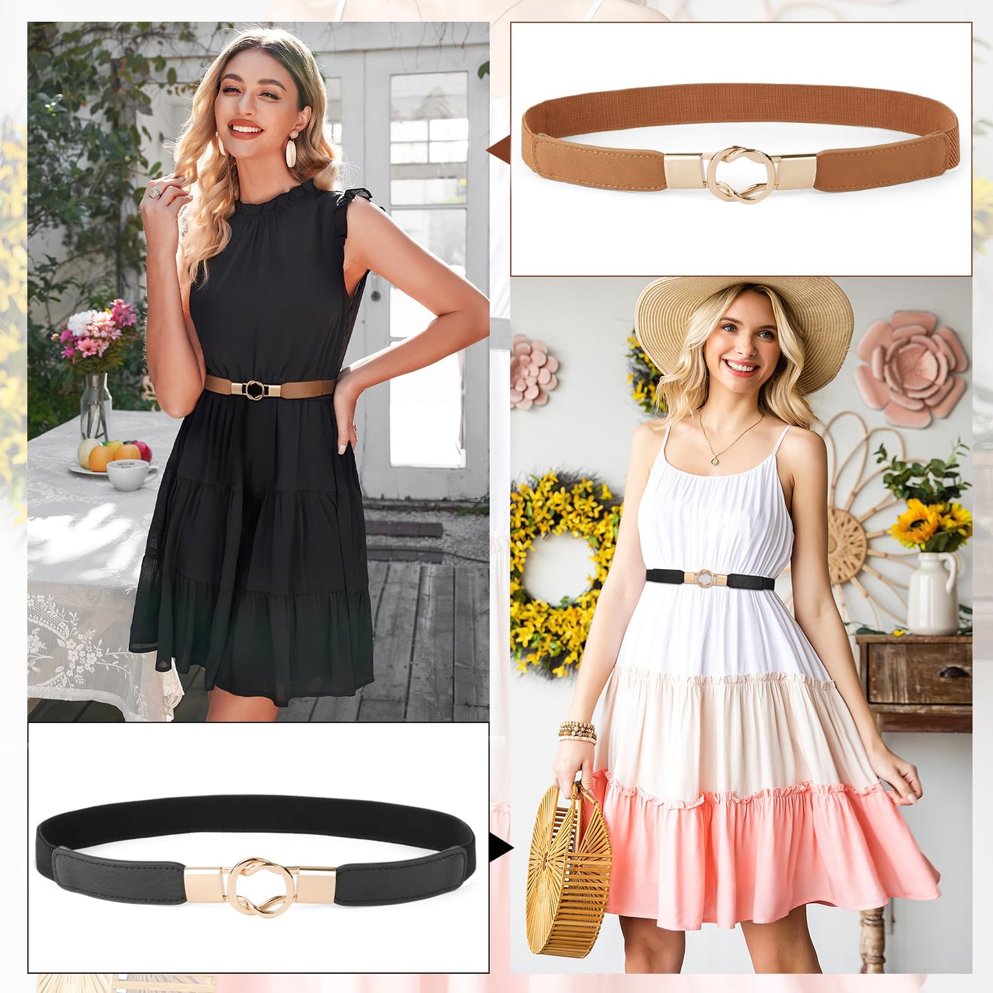 WERFORU Women Skinny Belt for Dresses Retro Stretch Waist Belt with Gold Buckle Set of 4,Black+Brown+Blue+Beige