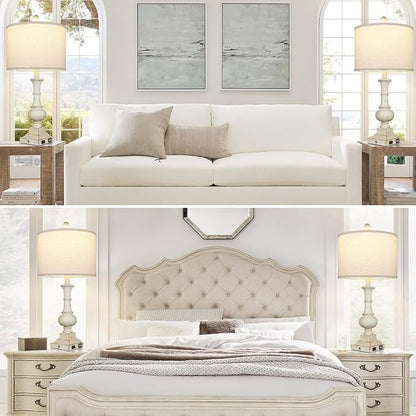 26" Farmhouse Table Lamps, Table Lamps For Living Room Set of 2 with USB A+C Ports & AC Outlet, Vintage Rustic Touch Control 3-Way Dimmable Boho Nightstand Lamp White Washed Resin for Bedroom Deocr