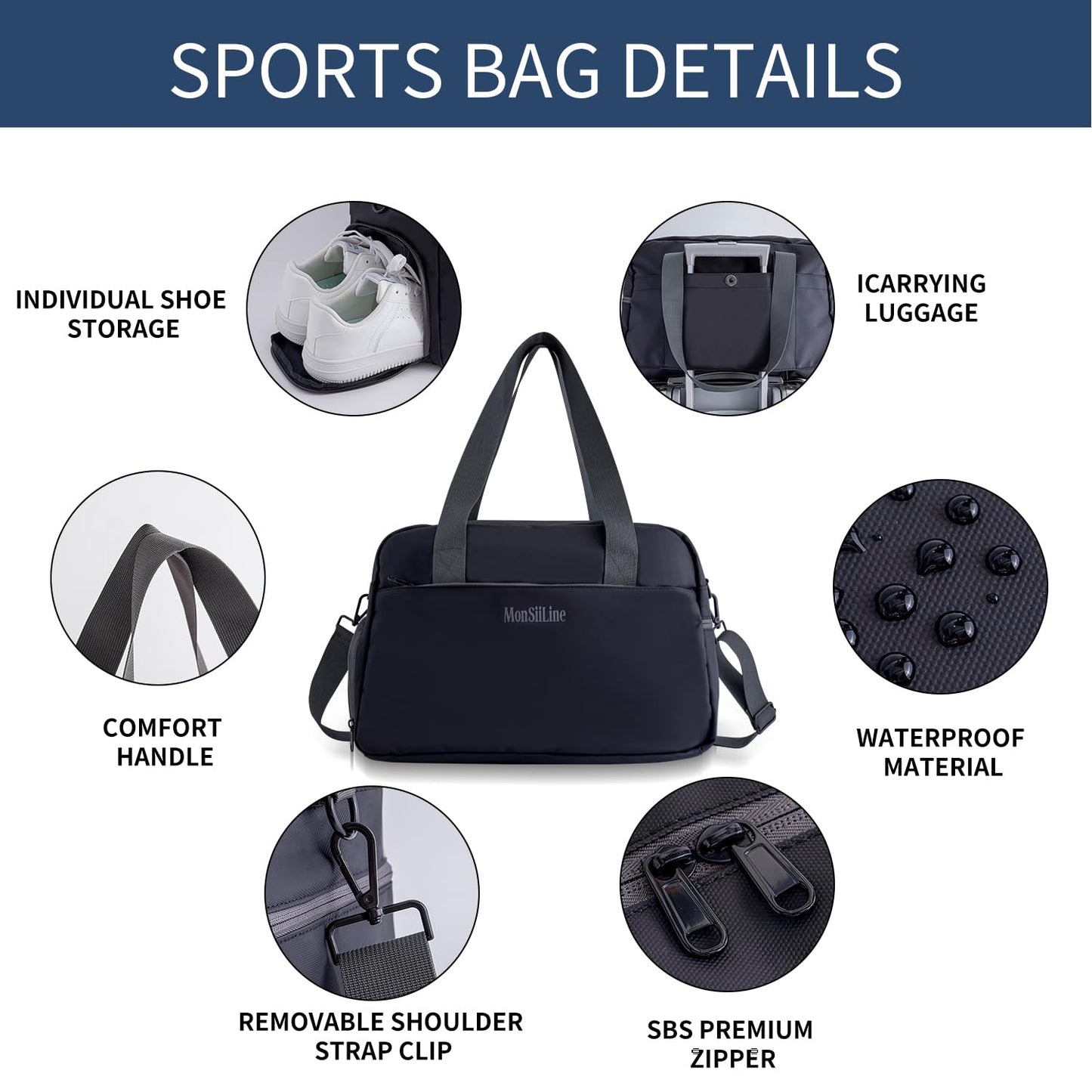 MonSiiLine Gym Bag for Women Men with Shoe Compartment, Waterproof Small Duffle Bag for Travel, Sports, Weekend Lightweight Carry on Tote Bag, Black, 27L