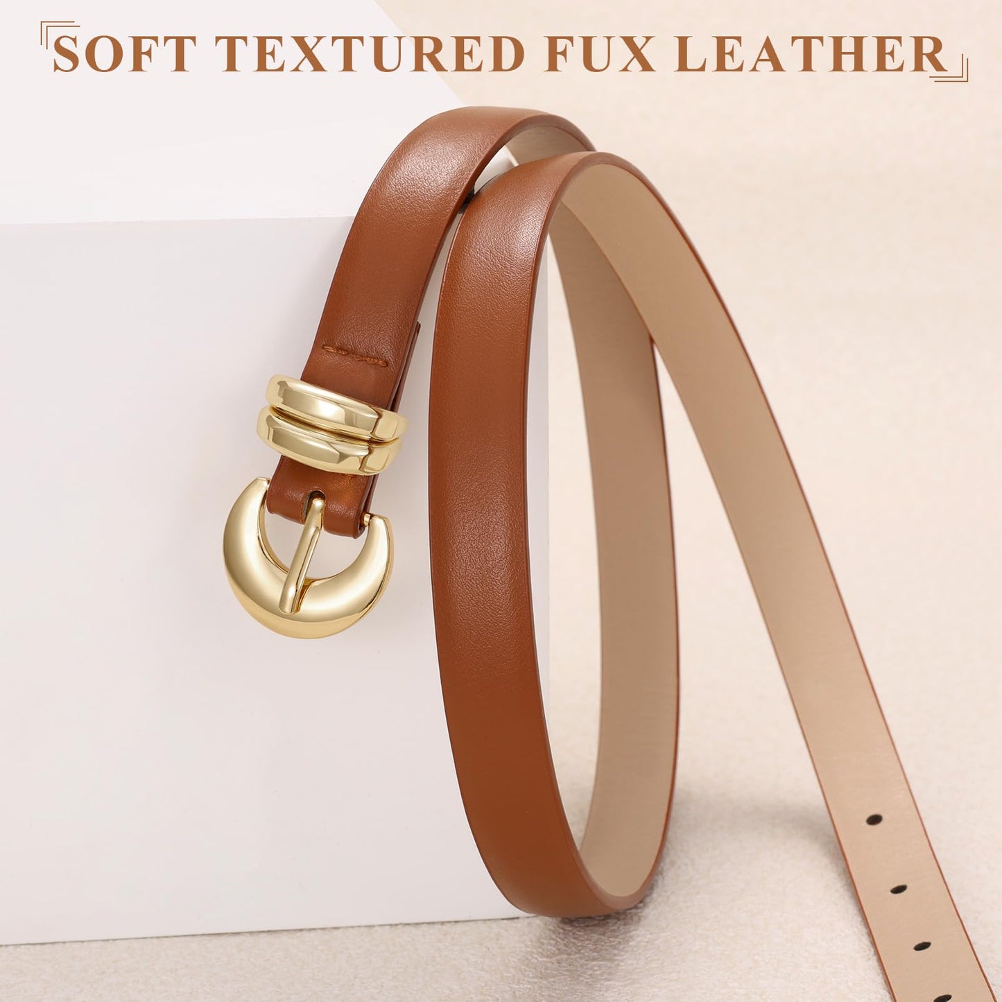 Jorywell 2 Pack Women Skinny Leather Belts for Jeans Dress Thin Waist Belt for Ladies with Gold Buckle 0.8’’ Width