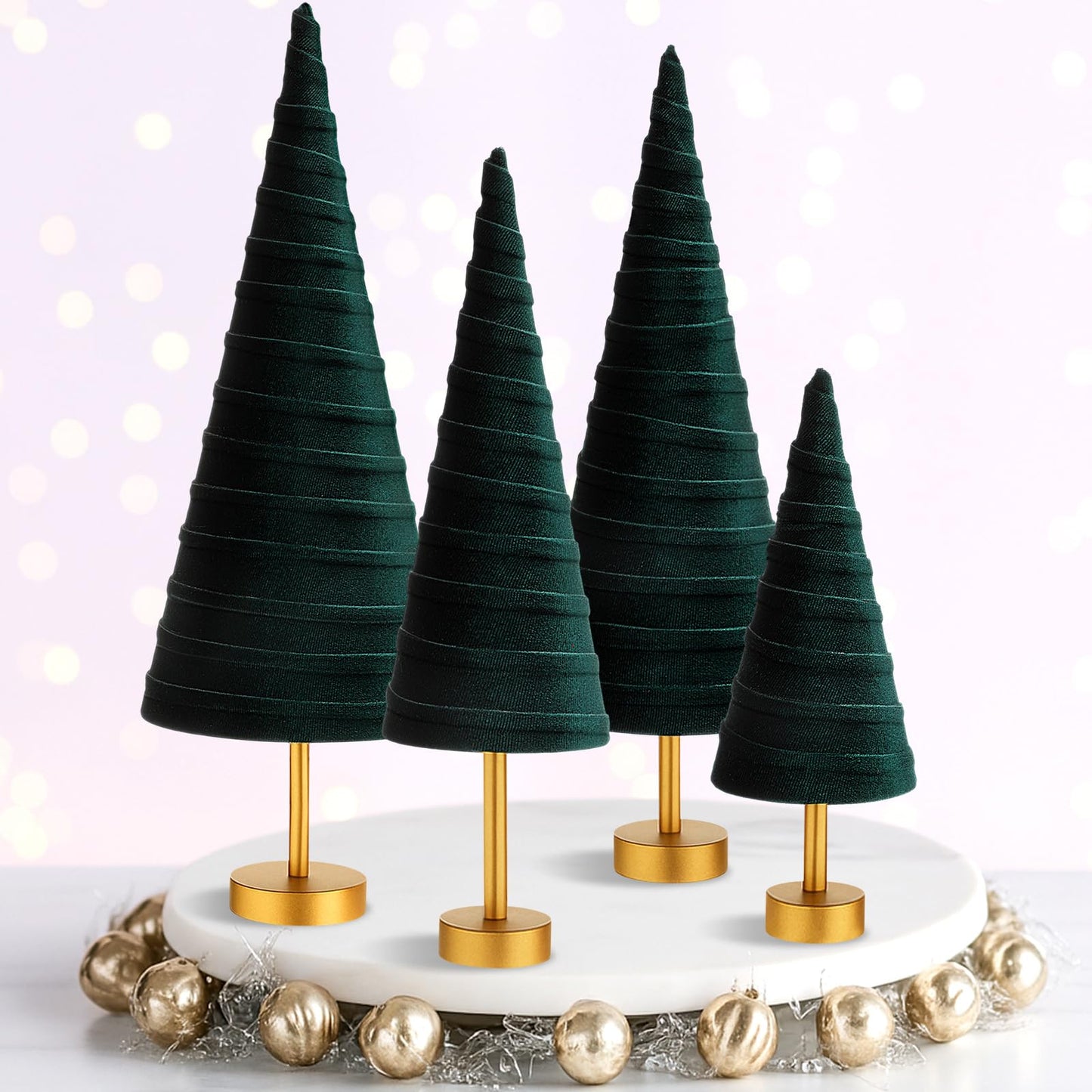 Hoolerry 4 Pcs Christmas Velvet Trees with Gold Pedestal Modern Rustic Christmas Velvet Cone Trees Minimalist for Mantel Table Centerpiece Entryway Home Winter Holiday Wedding Decor (Green)