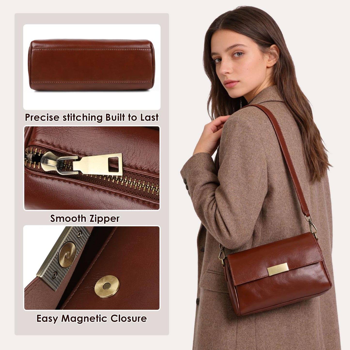 imeetu Genuine Leather Crossbody Bags for Women, Shoulder Bag Purses with Adjustable Strap (Brown)