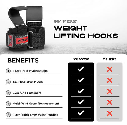 WYOX Weight Lifting Hooks for Deadlift, Pull Ups & Rows – Heavy Duty Wrist Support Grips to Lift Heavier, Reduce Grip Fatigue & Improve Performance – Padded Straps for Men & Women (Pair of 2)