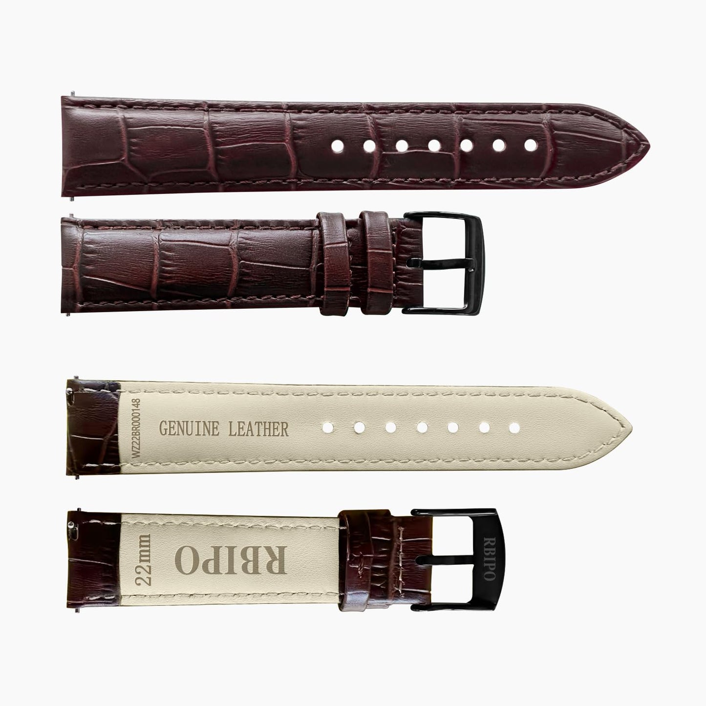 RBIPO 22mm Leather Watch Band Alligator Grain Quick Release Replacement Watch Strap for Men and Women