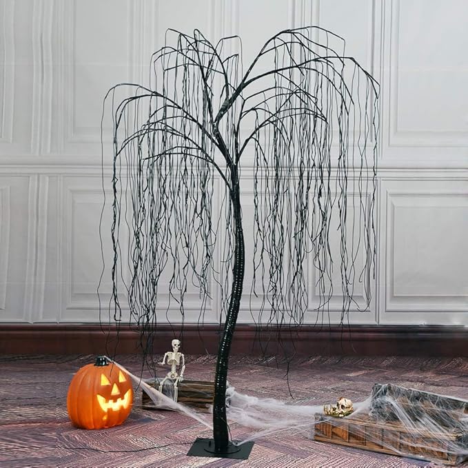 LIGHTSHARE 7 Feet Halloween Willow Tree, 256 LED Lights for Home, Festival, Nativity,Party, and Christmas Decoration,Includes Spiders and White Cobweb,Indoor Outdoor Use,Orange & Purple