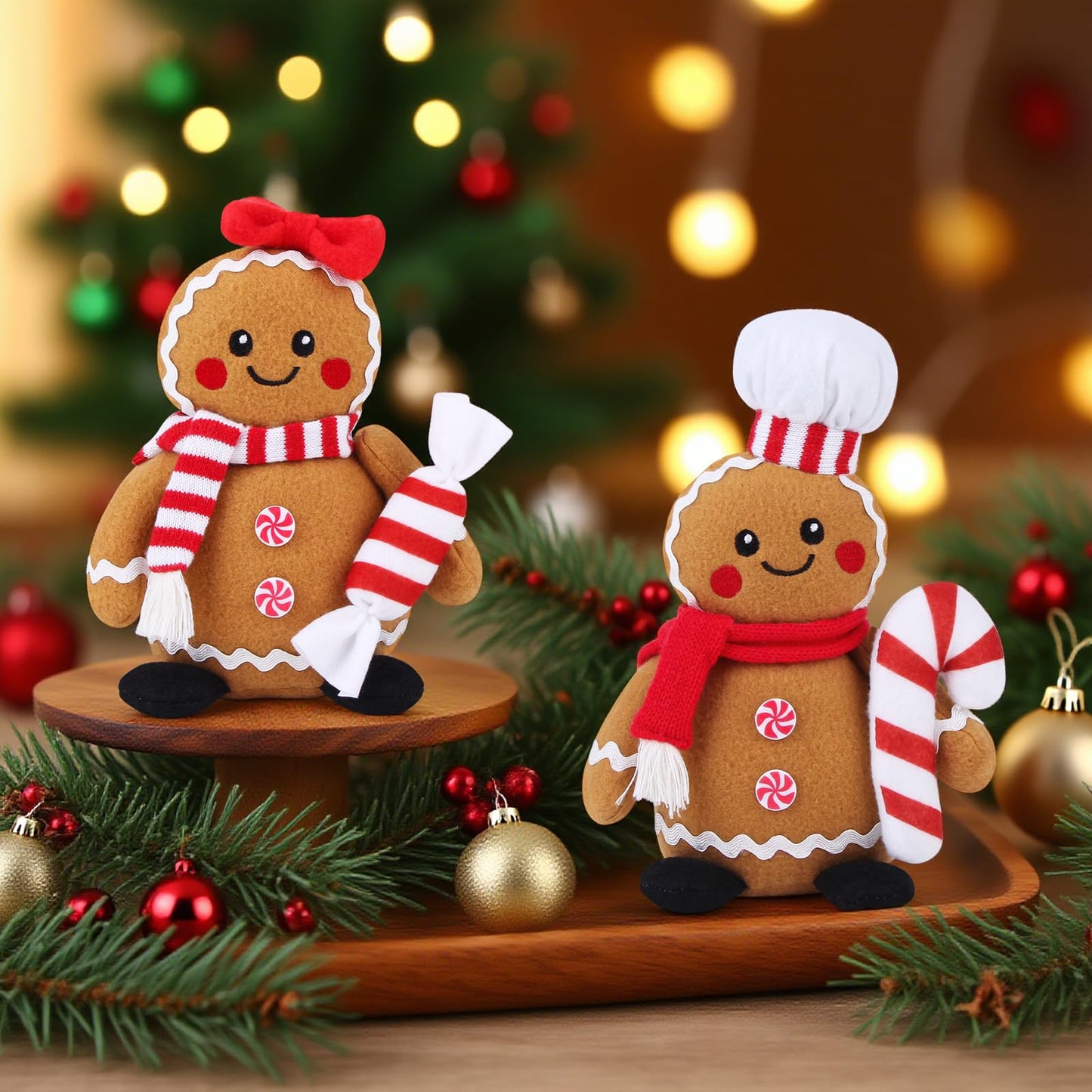 BWFY Christmas Gingerbread Man Plush Toys Set of 2, Festive Gingerbread Couple Stuffed Animals with Candy Props, Xmas Decorations & Gifts, Christmas Holiday Home Decor