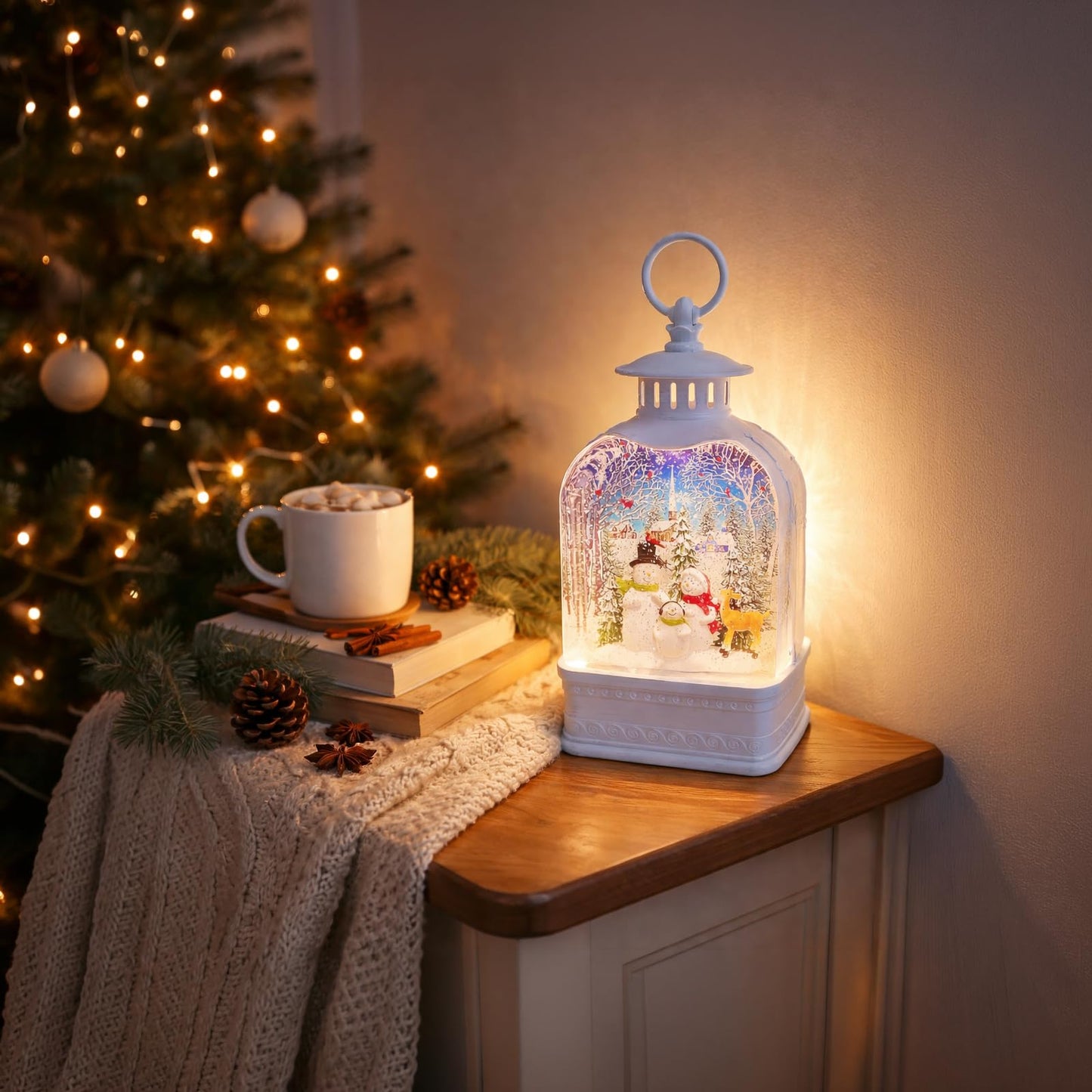 Snow Globe Lighted Snowman Family Lantern 9.5” Acrylic LED Christmas Lantern with Water Glitter Battery Operated Decoration for Tabletop Mantel Moments In Time