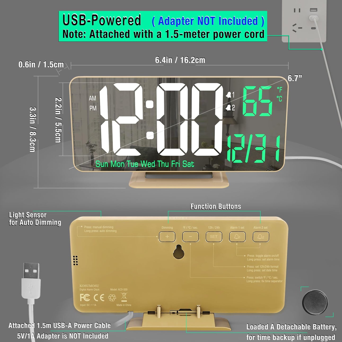 KOSUMOSU Desk Clock for Bedroom Accessories 6.7in Gold Digital Alarm Clock with Dimming,12/24h, Date, Day of Week, Temp, LED Clock, Modern Digital Calendar Clocks for Living Room Essentials