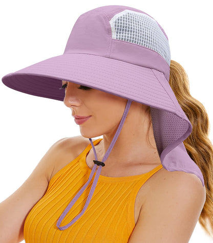 Sun Hats for Women UV Protection Wide Brim Beach Hats with Ponytail Hole with Neck Flap Waterproof for Hiking Fishing Gardening Travel Dark Purple