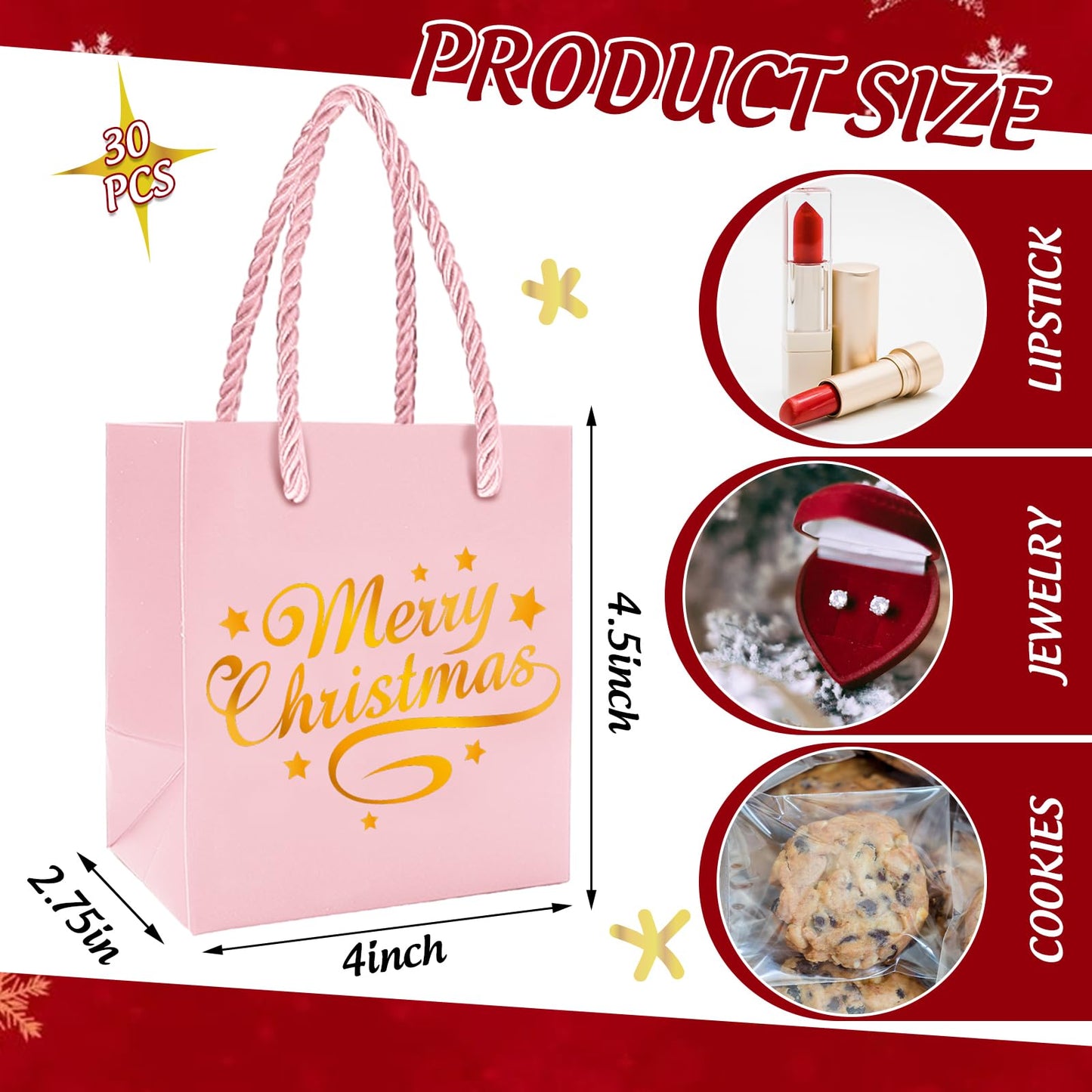 JarThenaAMCS 30Pcs Christmas Mini Gift Bags with Handle Gold Foil Pink Merry Christmas Party Favor Bags Xmas Paper Treat Bag for Holiday Wedding Baby Shower Birthday Party Supplies