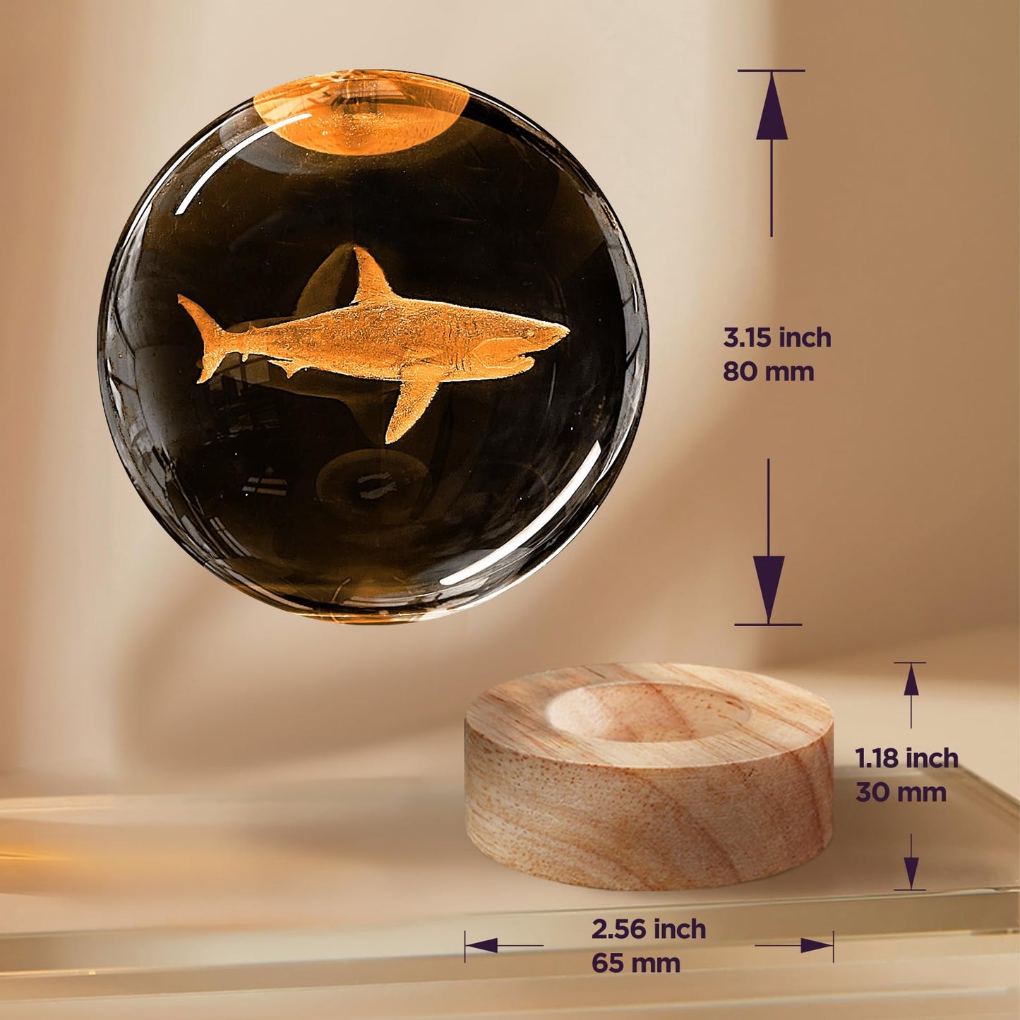 YYLZEPHB 3D Crystal Ball Night Light with Wooden Base, 3.15" Shark Glass Ball Lamp, 16 Colors, Remote Control, Cool Desk Decor