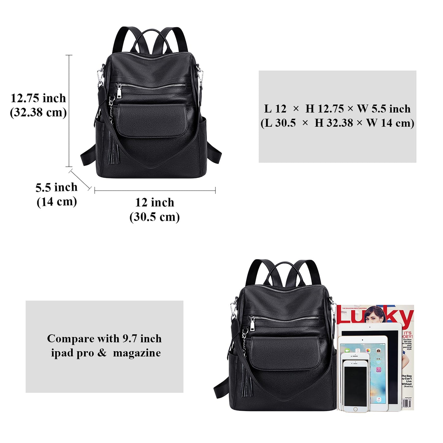 ALTOSY Genuine Leather Backpack Purse for Women Large Convertible Shoulder bag Ladies Crossdody Bag with Tassel