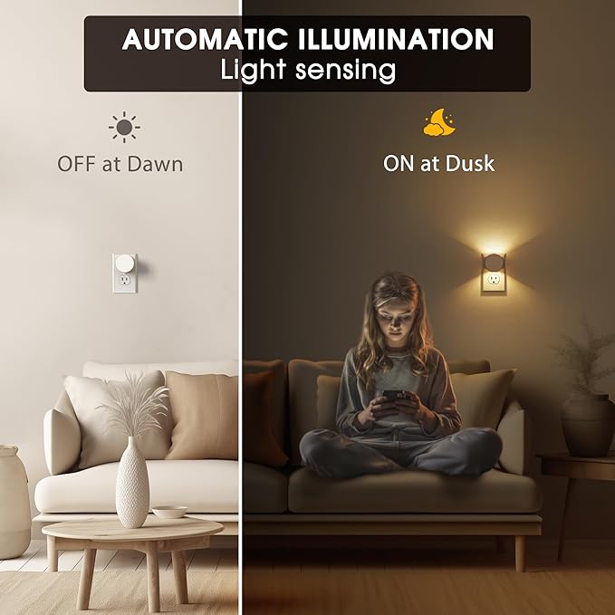 Night Lights Plug into Wall [2 Pack], White Night Light Dusk to Dawn Sensor Nightlight, Brightness Adjustable 3000K Soft White, Dimmable Plug in Night Light for Bedroom, Hallway, Stairs, Kitchen