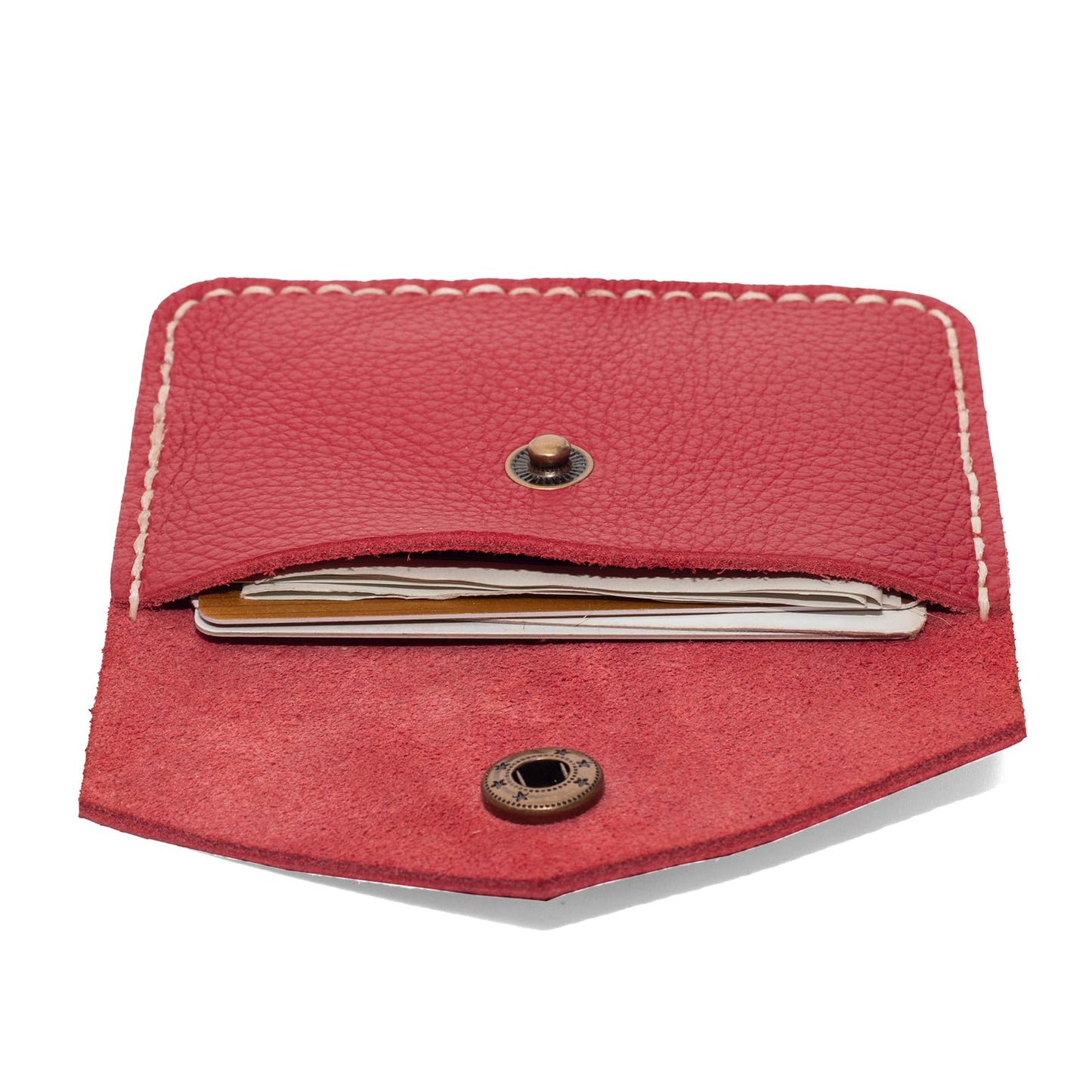 Guild Accessories Handstitched Red Leather Card case Wallet - Artisan Crafted Envelope Card Holder with Antique Brass Snap, Full-Grain Leather Slim Pocket Organizer (Red)