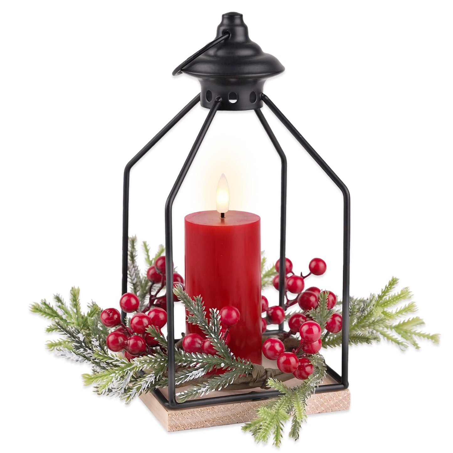 Rhytsing Christmas Table Centerpieces, H10 Inches Decorative Lantern with Real Wax Red LED Flameless Candle and Christmas Cedar Candle Ring, Battery Powered Metal Hanging Lanterns with Timer