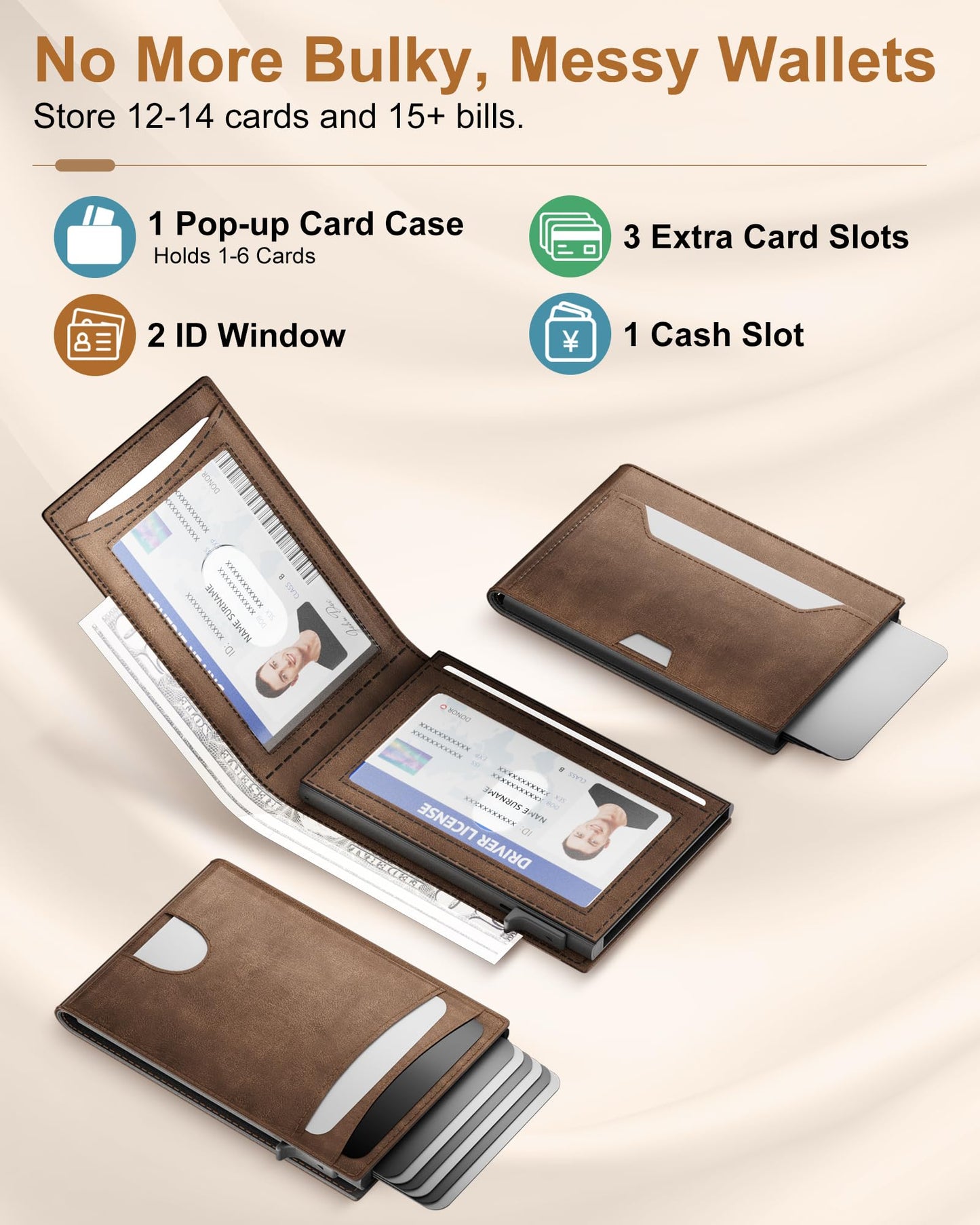 ERUSEHE Wallet for Men: Pop Up Card Case, RFID Blocking, Slim, Minimalist, Genuine Leather, Front Pocket, Smart, Thin, Compact, Magnetic Flap Closure - 2 ID Windows, Up to 12 Cards & 15 Bills (Brown)