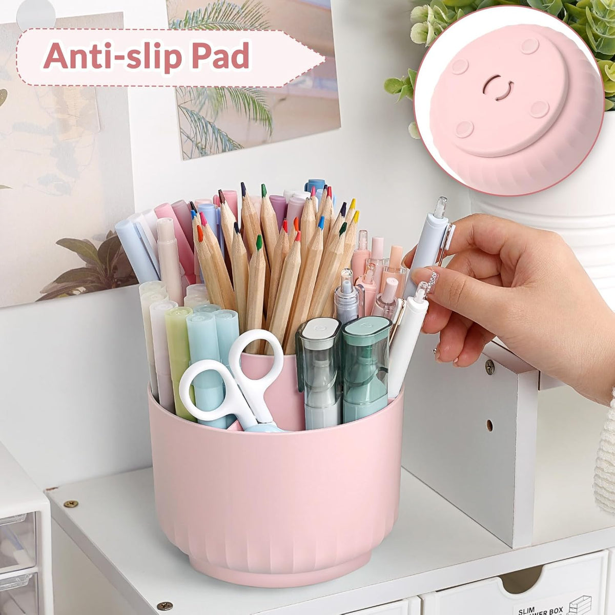 SKYDUE Makeup Organizer, Rotating Pencil Pen Holder for Desk, Dual-Purpose Desk Organizer for Cosmetics & Pens, Makeup Brush Holder with 5 Slots, Pencil Cup for Office, Home