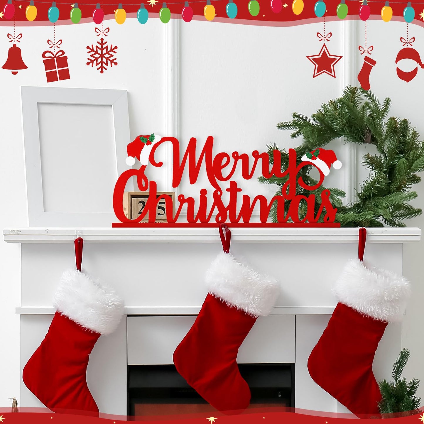 Realspring Merry Christmas Metal Sign Red Christmas Table Decoration Xmas Tiered Tray Decor Freestanding Metal Word Sign with Wooden Base for Xmas Home Tabletop Centerpiece Mantel Fireplace