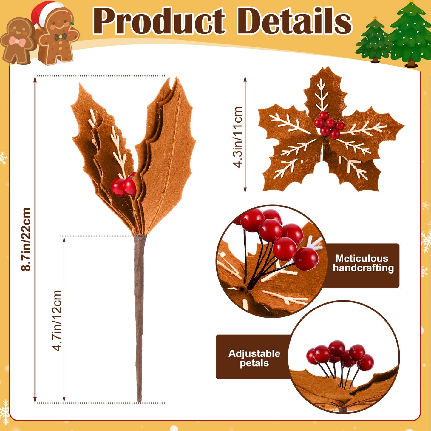 Suncalla 8 Pcs 9 Inch Gingerbread Poinsettia Christmas Tree Picks Decorations Felt Artificial Poinsettia Flowers with Red Berries Christmas Tree Ornaments Topper for Xmas Floral Wreath Vase Decoration
