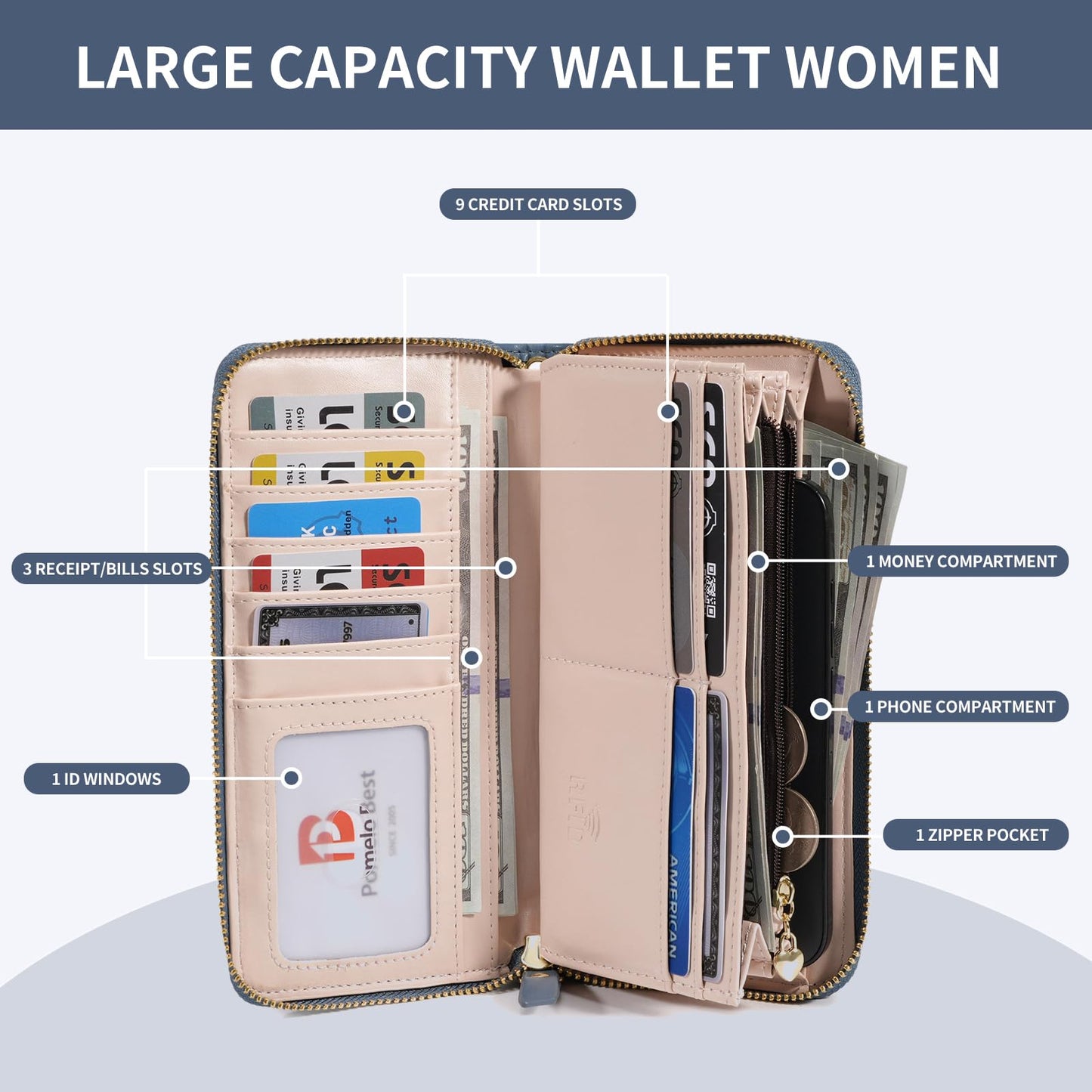 Pomelo Best Womens Wallet RFID Blocking Leather Multi Credit Card Large Capacity Wristlet Zip Around Long Wallets for Lady Blue