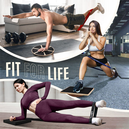 Yes4All Combo 4-in-1 Set for Full Body Workout, Wooden Wobble Balance Board with Rocker Balance Board, Balance Pad & Exercise Bands