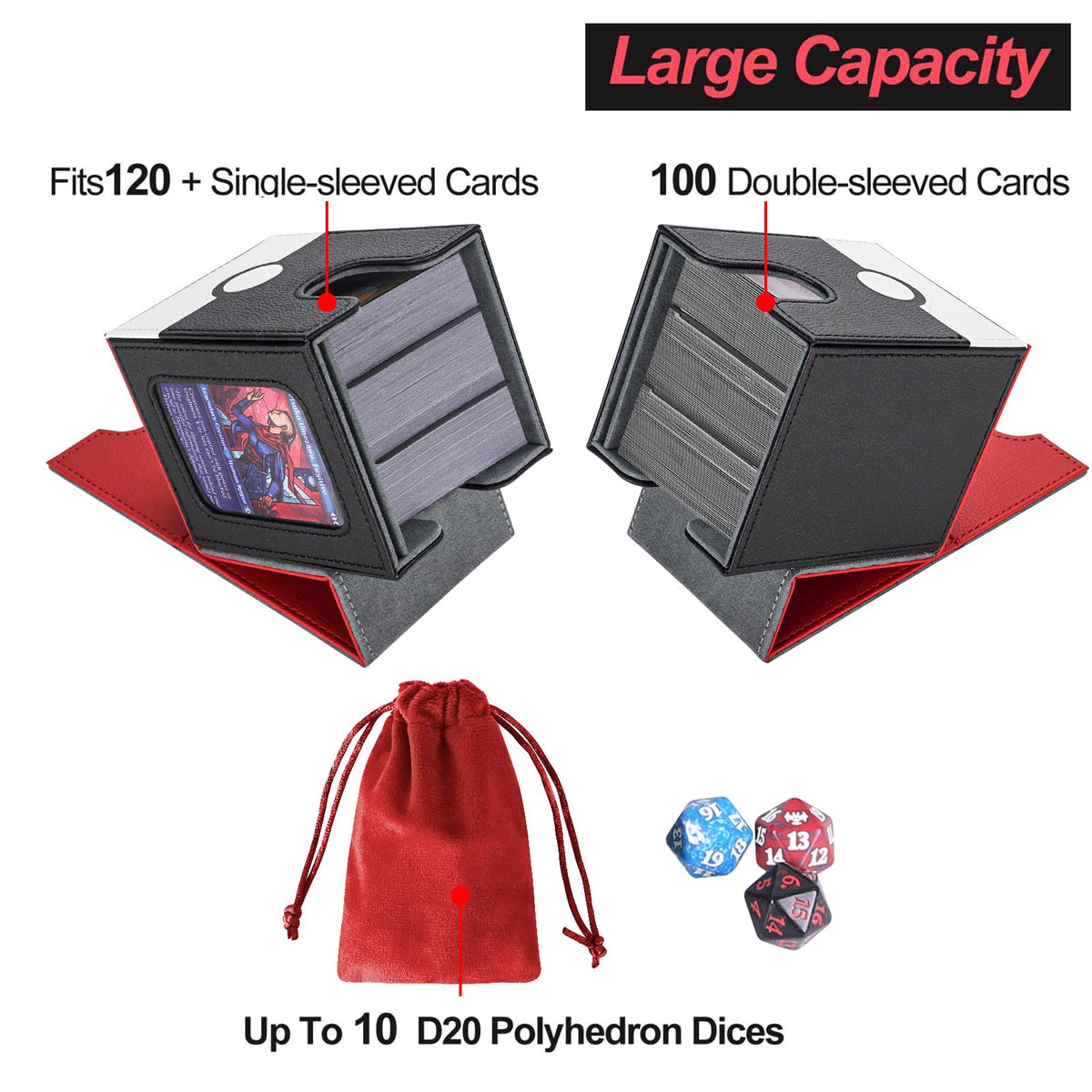 AFIING MTG Deck Box for Commander Display,Card Deck Case Fits 100 Double Sleeved Cards, Magic Commander TCG Card Storage Box with 2 Dividers,Dice Bag and 1 Toploader(Red Black)