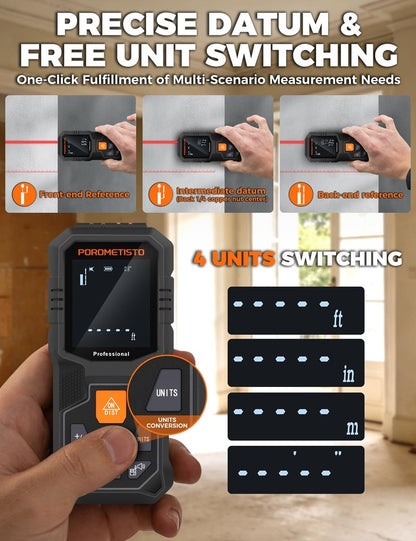 Laser Distance Meter POROMETISTO 262ft/80m, Digital Angle Finder,12 Modes for Angle Area Volume Pythagorean Distance, ±2mm High Accuracy, Tripod Interface Design Handheld Digital Rangefinder