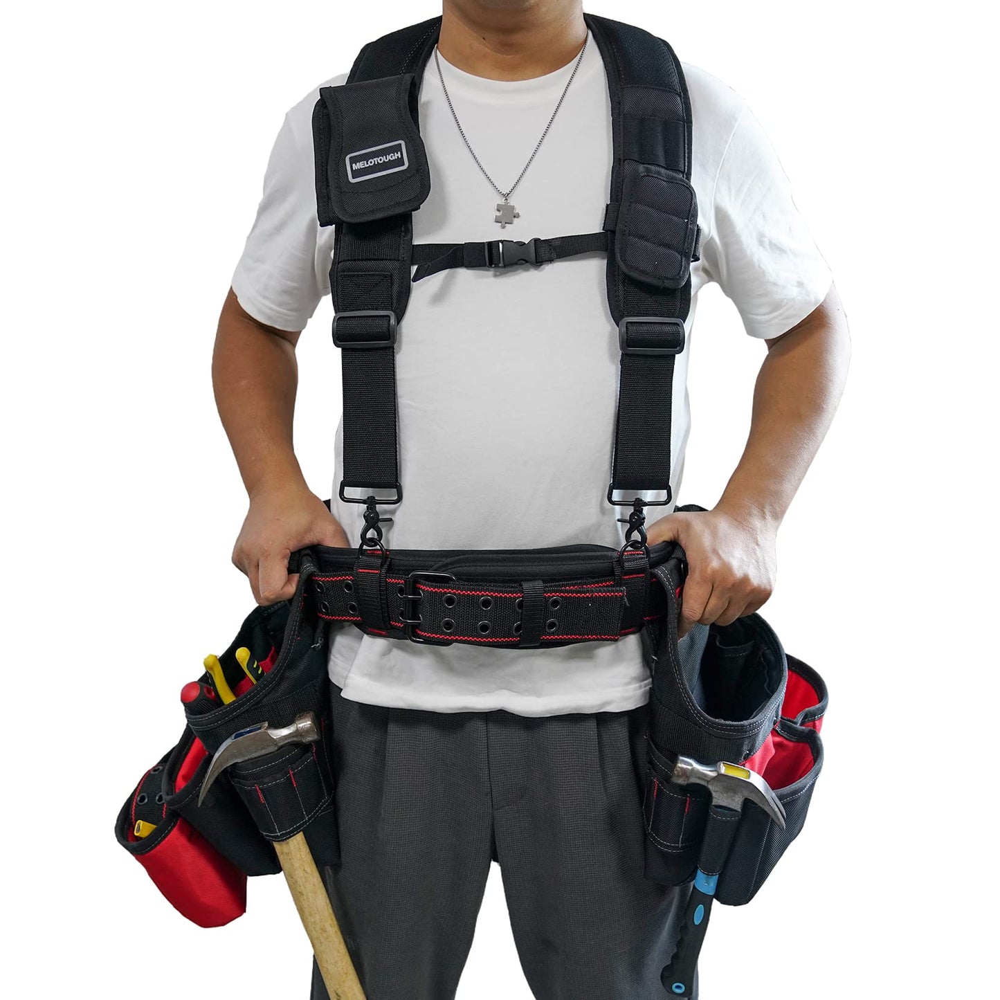 MELOTOUGH Padded Tool Belt with D ring for men construction Strong Durable Double Metal Roller Buckle,adjustable waist 44'-53'thick confortable foam padding (XXL)