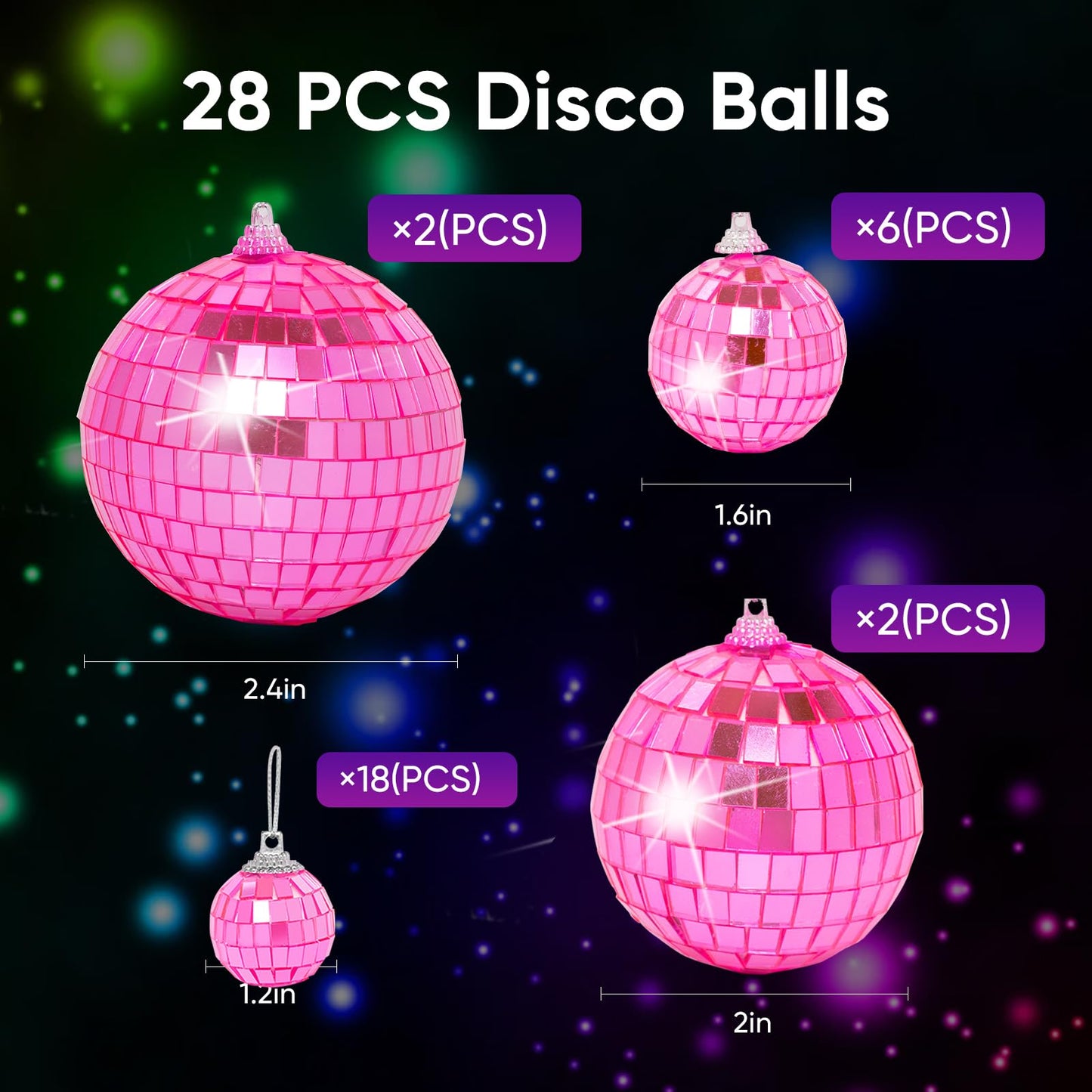 Mini Pink Disco Ball Ornaments: 28 Pack Small Disco Balls Decorations Different Sizes - Pink Disco Party Decorations Bulk for Christmas Tree Cake Room Birthday (1.2 Inch, 1.6 Inch, 2 Inch, 2.4 Inch)