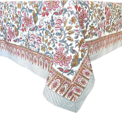 ATOSII Eden 100% Cotton Fall Tablecloth, Handblock Floral Print Rectangle Linen for Kitchen Dining I Parties Wedding Christmas Thanksgiving Outdoors I Spring Summer 60 X 108 Inches I 8 Seater Table