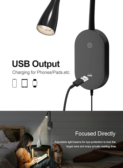 deeloop LED Wall Mount Reading Light for Bed, Reading Lamp with USB Output 5 Brightness Levels Touch Control Book Lights, 4000K Bedside Lamp Flexible Gooseneck, 2 Easy Install Options